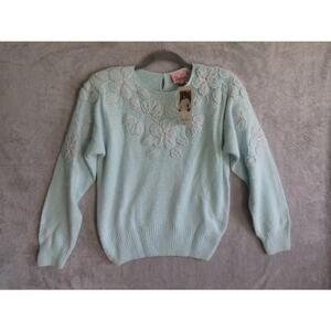 Vintage Jaclyn Smith Angora Silk Floral Beaded Sweater Medium Blue Pullover 90
